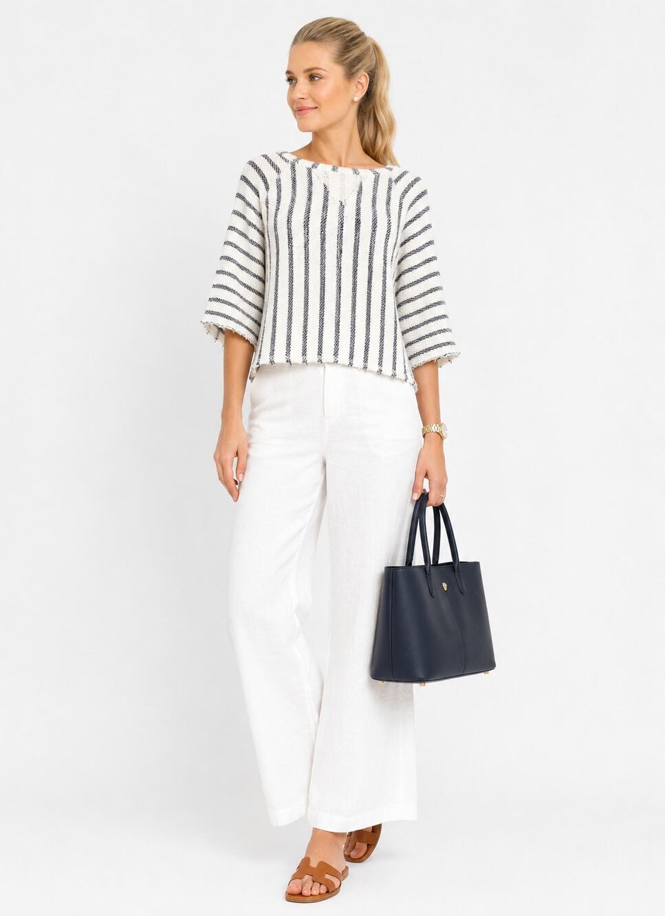 Dolan Left Coast Stripe Linen Blend Boxy Top XS Raw Edge Coastal Nautical EUC